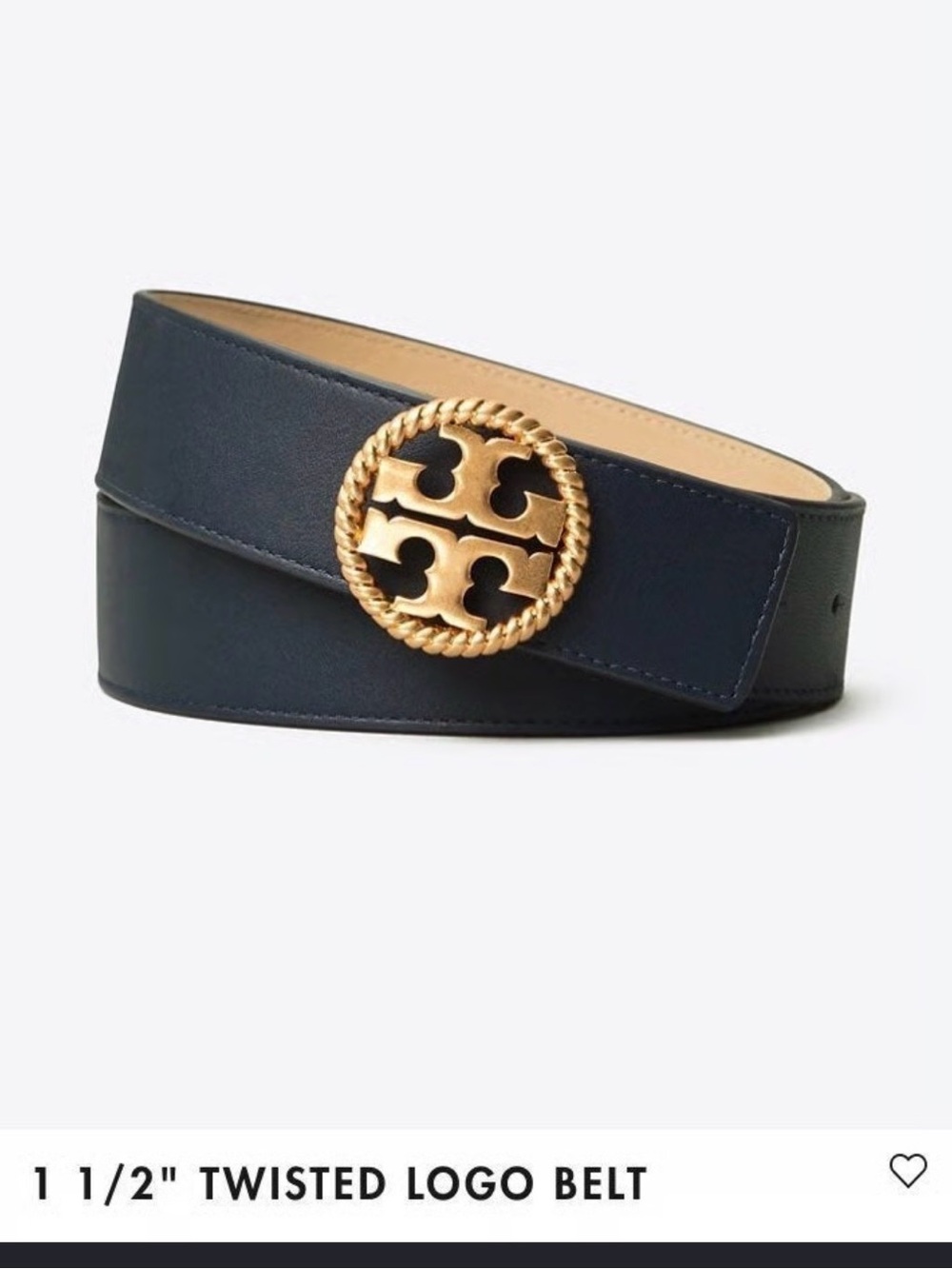Tory Burch Navy Leather Belt with Twisted Gold Logo Buckle